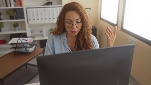 Woman raises hand while looking at computer monitor in office with file shelves and plants visible; frustration remote meeting.