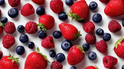 Obraz premium Various types of berries lay scattered on a white surface. There are strawberries blueberries and raspberries in different positions. Natural light shines on the fruit showcasing their freshness.