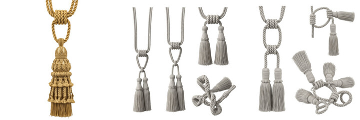 Set and collection of luxury decorative curtain tassels and rope tiebacks in gold and silver for elegant window treatment isolated on white transparent PNG background © imageworld