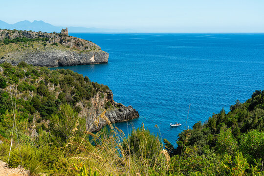 Amazing mediterranean seascape near Marina di Camerota during a sunny summer day. Cilento, Campania, Italy.