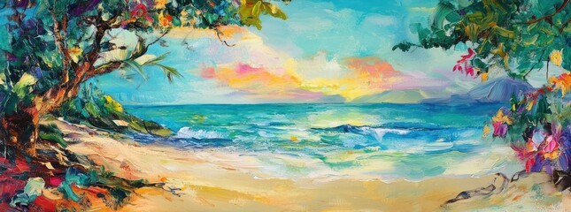 Serene Beach Scene with Tropical Foliage Painting.