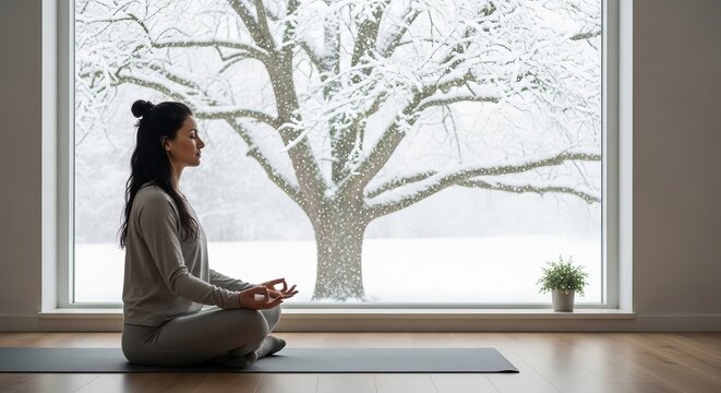 Young woman meditating indoors by snowy window in winter  