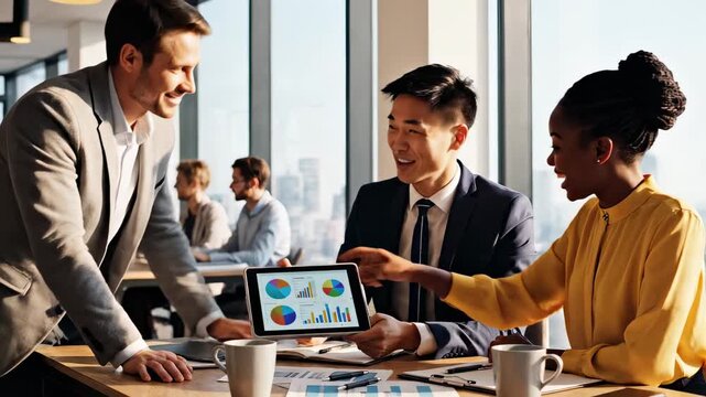 Diverse group of business people having a meeting and looking at data on a digital tablet