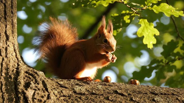 Red squirrel on tree branch eating.