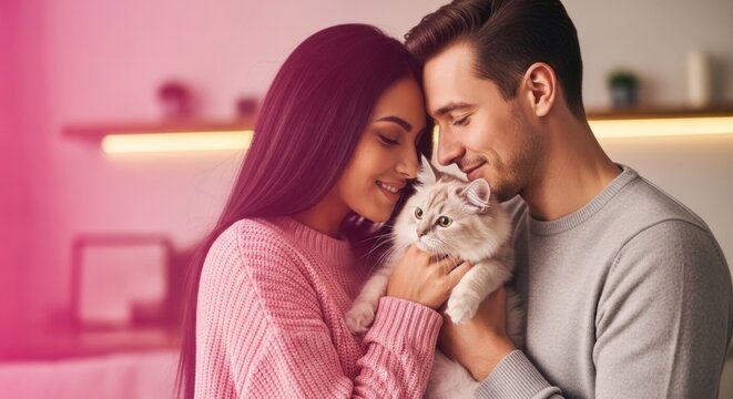 A smiling couple holding a fluffy gray cat in a cozy pink living room, with a warm, inviting atmosphere.