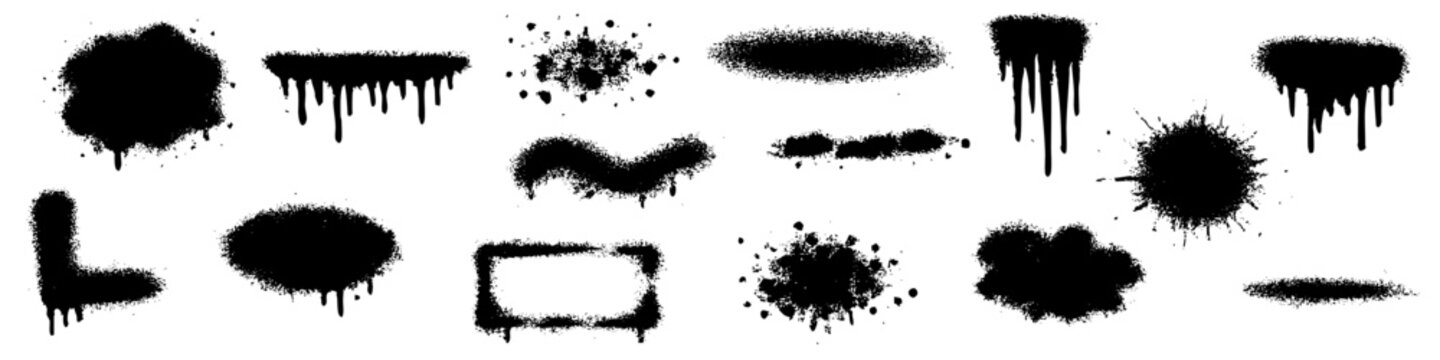 Set of black graffiti spray paint splatters and dripping ink stains isolated on white background.