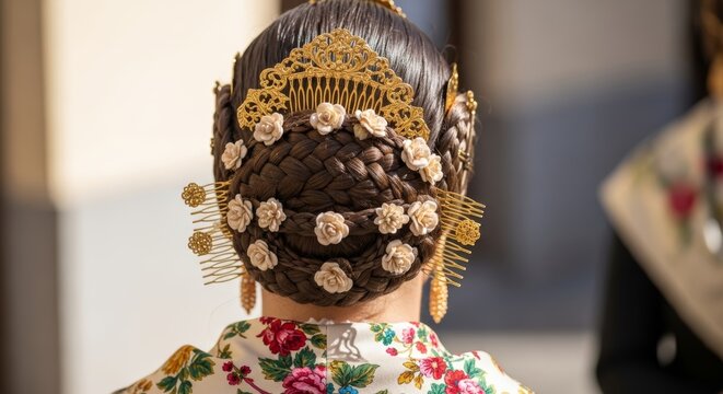 Woman wearing traditional Spanish Fallera hairstyle with ornate hair accessories and a floral dress, showcasing cultural fashion
