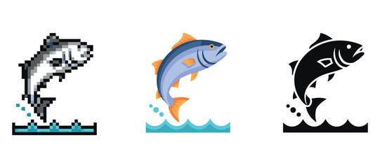 Diverse fish illustrations: pixelated graphic, vector design, silhouette icon
