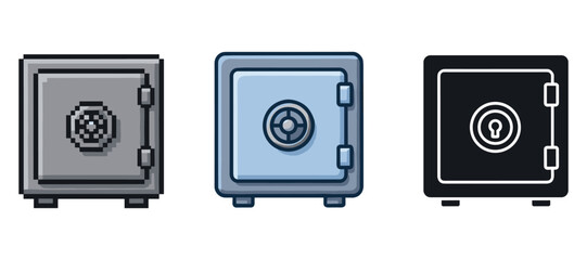 Three varied safe designs: pixelated, modern blue, and minimalist black with locks