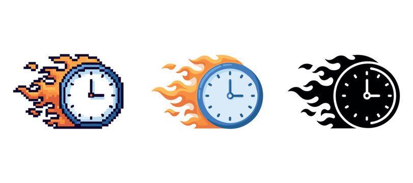 Pixelated, flaming, and silhouette clocks representing time concepts