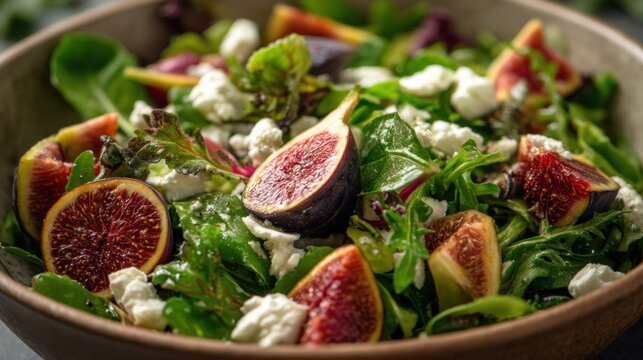 Brightly colored figs and cheese are arranged on a green leafy salad in a bowl. This meal is served during lunch emphasizing fresh ingredients and healthy eating.