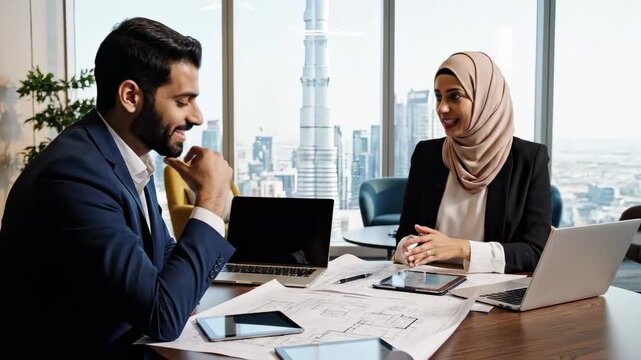 Arab businessman and businesswoman in hijab discussing architectural plans and using a tablet in a modern office