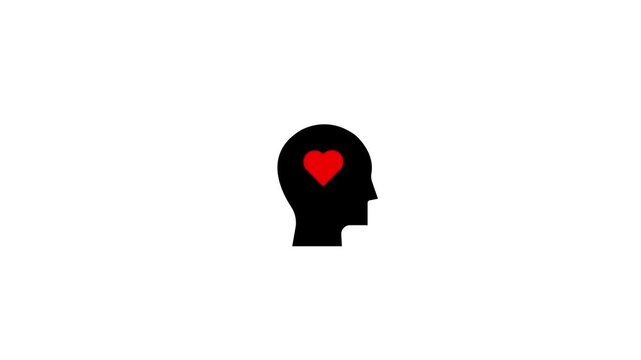 Simple silhouette head with a red heart inside on white background, concept of love, mental health, empathy