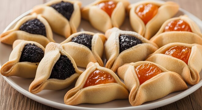 A plate of triangular hamantaschen pastries with different fillings (poppyseed, apricot).
