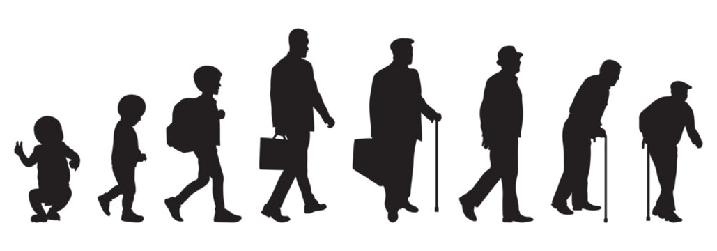 Human life cycle evolution silhouettes representing aging from early childhood. vector silhouettes of people. silhouettes of people