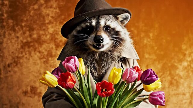 Raccoon in fedora and trench coat holding colorful tulips