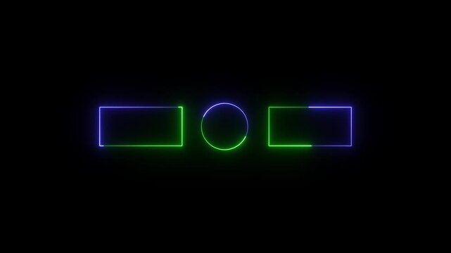 Neon geometric shapes: two horizontal rectangles flanking a central circle on black background, glowing blue and green edges