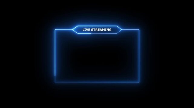 Live streaming frame overlay for online broadcast layout. Glowing neon blue live streaming overlay frame on dark background, futuristic HUD style with blank center for webcam or gameplay screen.