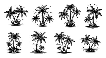 Fototapeta premium Collection of Stylized Palm Tree Illustrations for Tropical Themes.
