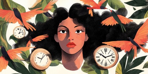 Creative illustration of woman with birds and clocks symbolizing time mindfulness and mental health awareness