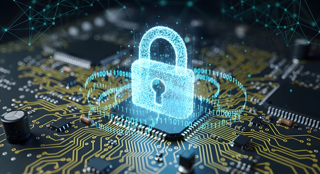 Digital Security Lock on Computer Chip, Cyber Security Concept