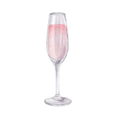 Watercolor rose champagne glass illustration flute filled .Hand drawn, isolated on white background. Perfect for wedding invitations, greeting cards, party posters,menu designs and lifestyle branding. © Natalia