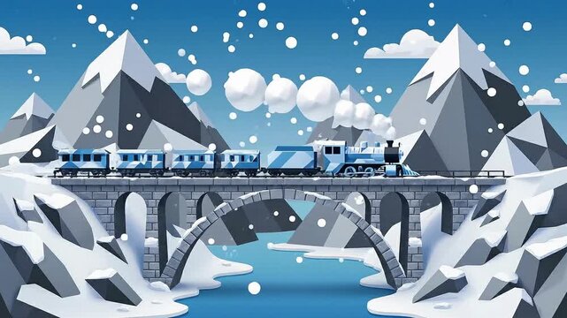 Cartoon steam train crossing mountain stone bridge during winter snowfall animated motion graphics