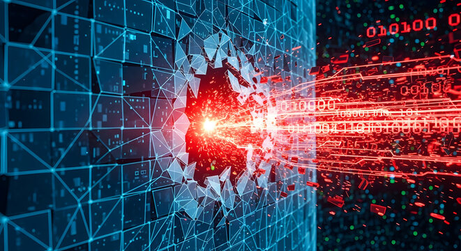 Digital Wall Breach: Cyber Attack, Data Breach, Network Security Threat