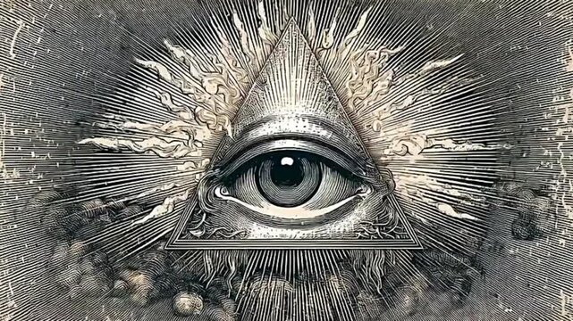 The All-Seeing Eye of Providence within a radiant triangle, surrounded by light rays and clouds, depicted in a vintage, mystical style.