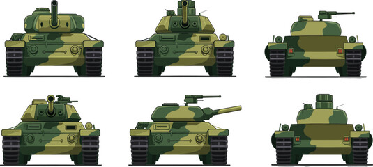 Military tank collection vector illustration, camouflage armored combat vehicles front and rear views isolated on white background army defense equipment set ©  Hossain Creative