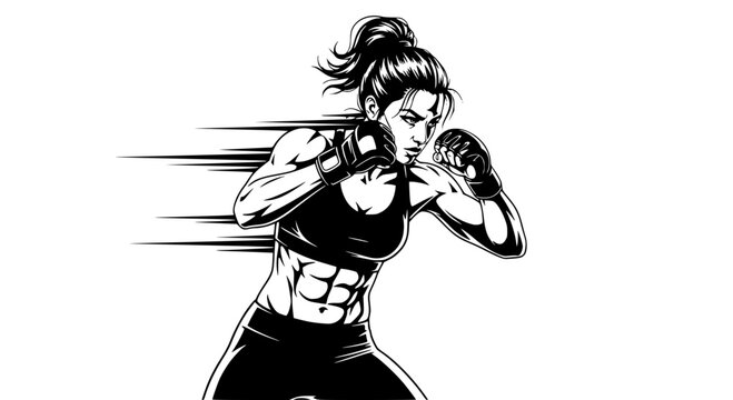 Dynamic female boxer striking pose black and white vector illustration. Transparent background SVG version.