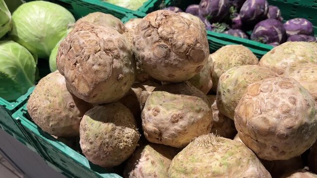 Healthy Celeriac Root Pile in Green Crate, Fresh Organic Vegetable Selection in Grocery Store