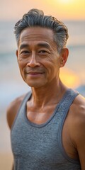 Mature asian male smiling outdoors in gray tank top at sunset beach