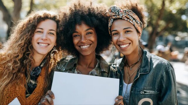 Three smiling women with curly hair holding blank signs outdoors in a vibrant spring setting, surrounded by trees and a lively atmosphere