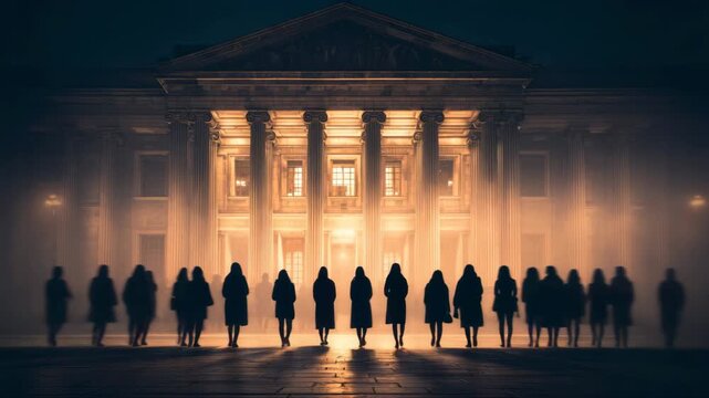 Group of silhouetted figures standing in front of illuminated historic building with columns, creating a dramatic atmosphere in the night fog