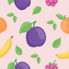 Seamless fruit pattern on blush pink background, cute summer fruits vector repeat