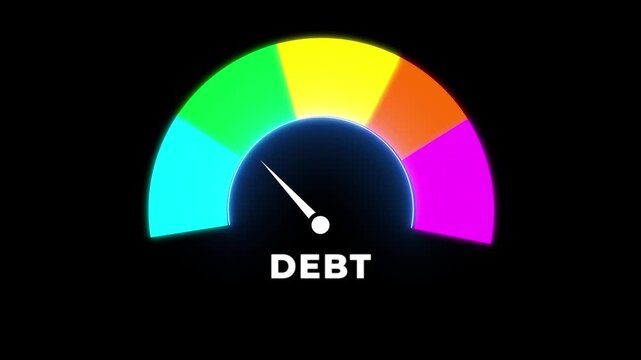 Speedometer scale with arrow from green to red. Debt measuring device icon black background.