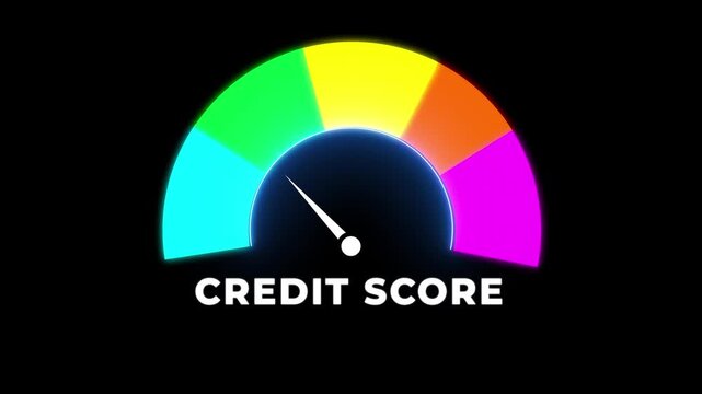 Credit score arrow gauge speedometer indicator with color levels. Measurement from poor to excellent rating on black background.