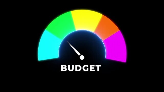 Medium budget spending concept with knob turning on the colorful glowing bar, 4k footage. Business, investment.