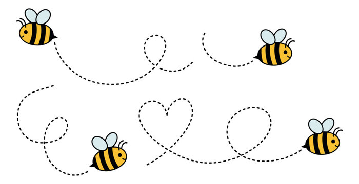 Cute cartoon bee set featuring various flight paths with dotted lines and a heart shape for design elements