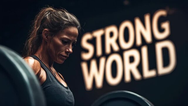 Female athlete lifting weights in a gym setting, focused expression as she prepares for the next repetition, with a motivational sign reading "STRONG WORLD" in the background