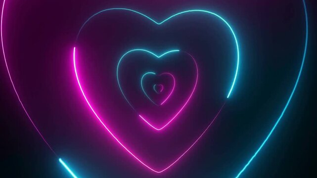 Abstract Line neon heart tunnel in pink and blue colors moving towards the viewer for romantic or valentime themed visuals.
