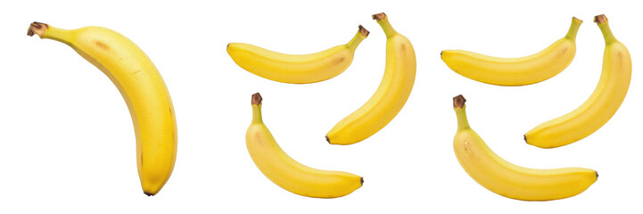 Set and collection of fresh yellow bananas in various groups and individual angles for healthy snack concept isolated on white transparent PNG background © fishingman