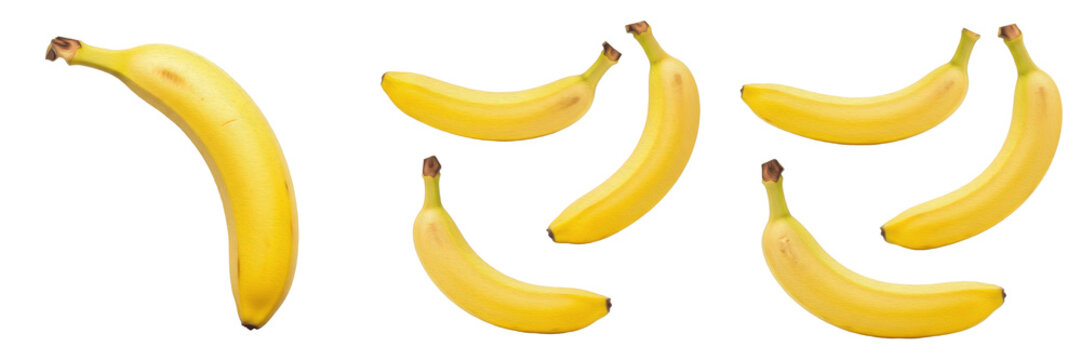Set and collection of fresh yellow bananas in various groups and individual angles for healthy snack concept isolated on white transparent PNG background