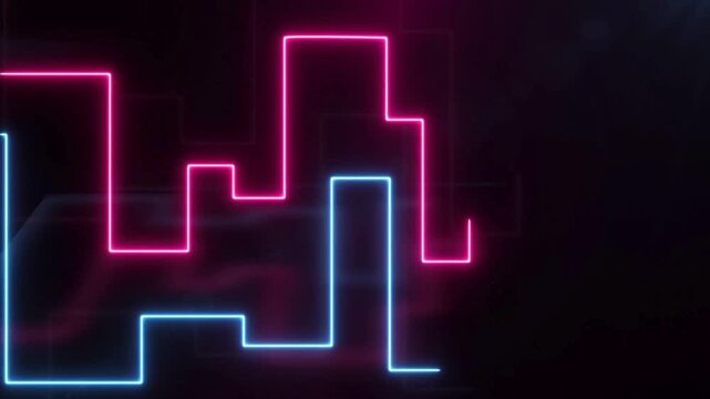 Abstract Line pink and blue neon city skyline grid shapes moving vertically for a retro synthwave or gaming inspired background.
