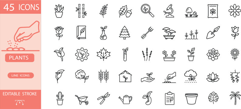 Plants and botany line icon set with flower pot, bamboo, leaf garden, microscope research, mushroom, cactus, seeds sprout, gardening tool more vector illustration editable stroke.