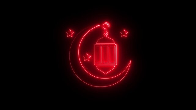 Neon glowing ramadan crescent symbol with star icon animation. Cyan outline ramadan concept and islamic holiday celebration isolated on black background. 4k video. animation