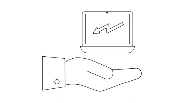 Hand Holding Laptop with Decreasing Graph Line Art.