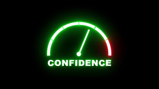 Confidence level meter showing progress from beginner low green zone to expert high red zone. Confidence level speedometer gauge with low and high levels. motion graphics of concept.4k video animation