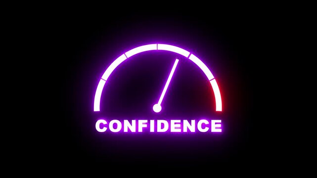 Confidence level meter showing progress from beginner low pink zone to expert high red zone. Confidence level speedometer gauge with low and high levels. motion graphics of concept.4k video animation